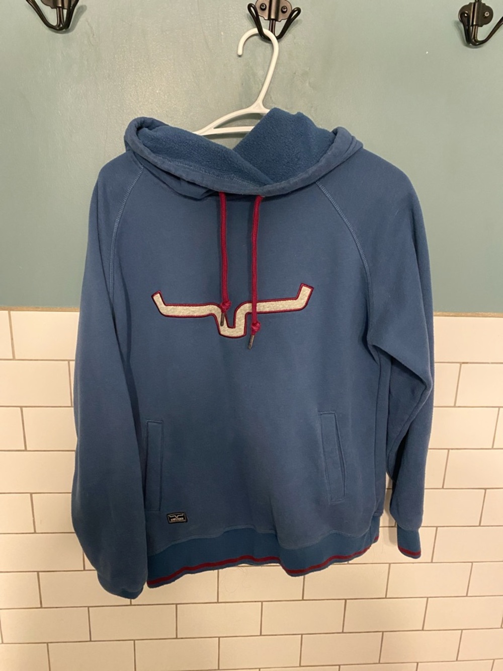 Kimes Ranch Blue Pullover Turtleneck Hoodie with Red Accents
